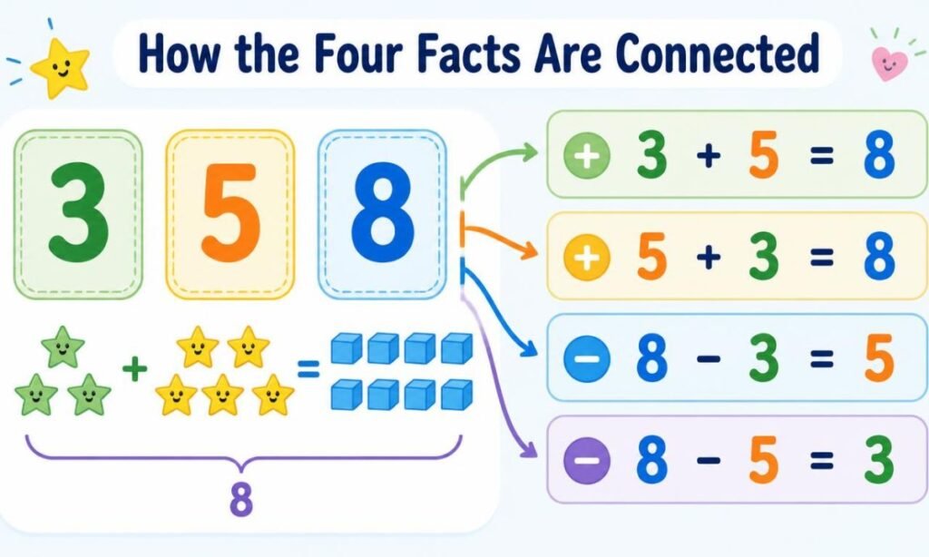 Diagram showing the four related addition and subtraction facts using the numbers 3, 5, and 8.