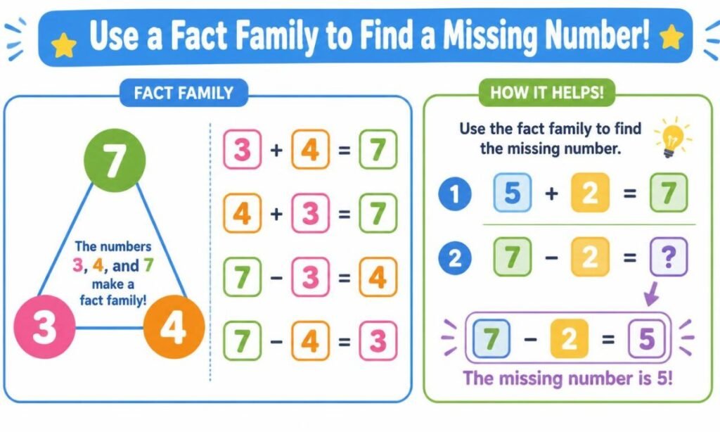 Colorful fact family showing addition and subtraction equations to find a missing number.