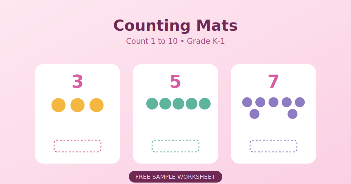 Counting Mats free sample worksheet for Grade K-1 — count objects from 1 to 10 and write the matching number
