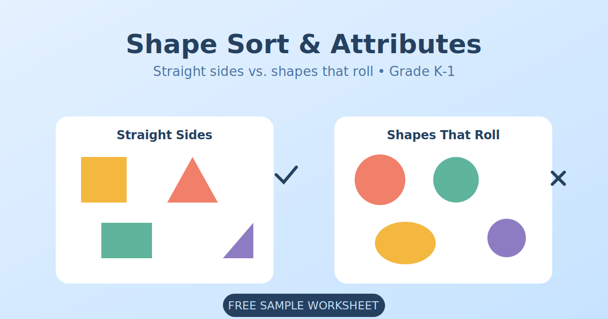 Shape Sort and Attributes free sample worksheet for Grade K-1 — sort shapes with straight sides from shapes that roll