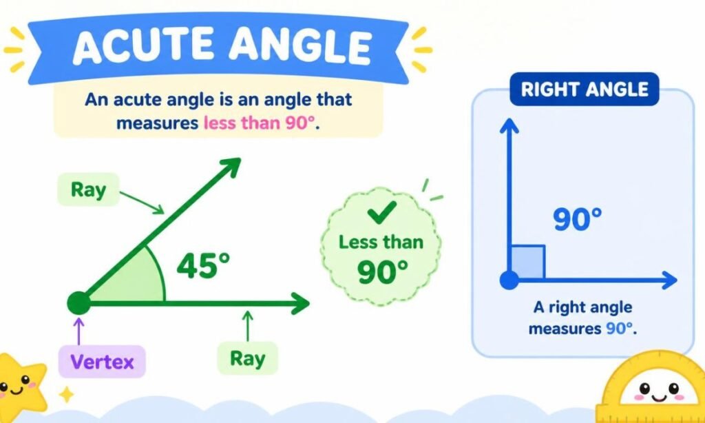 Illustration showing a 45-degree acute angle that is less than 90 degrees.