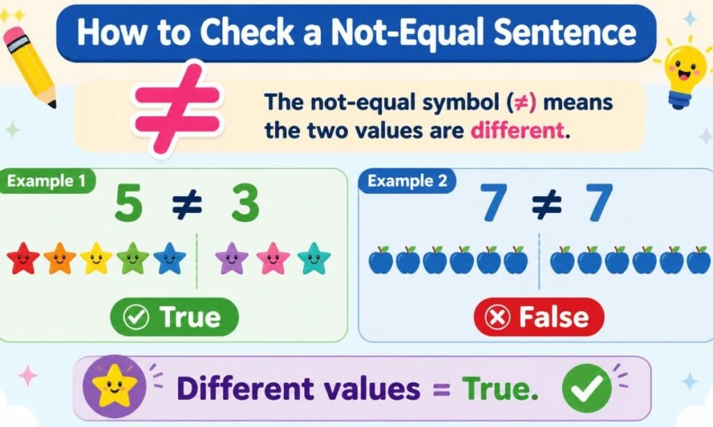 Illustration showing how to check a not-equal sentence using 5 ≠ 3 and 7 ≠ 7 examples.