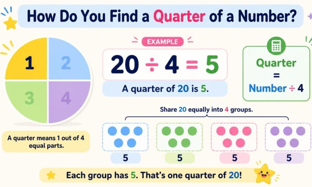 Colorful math illustration showing how to find a quarter of 20 by dividing 20 by 4 to get 5.