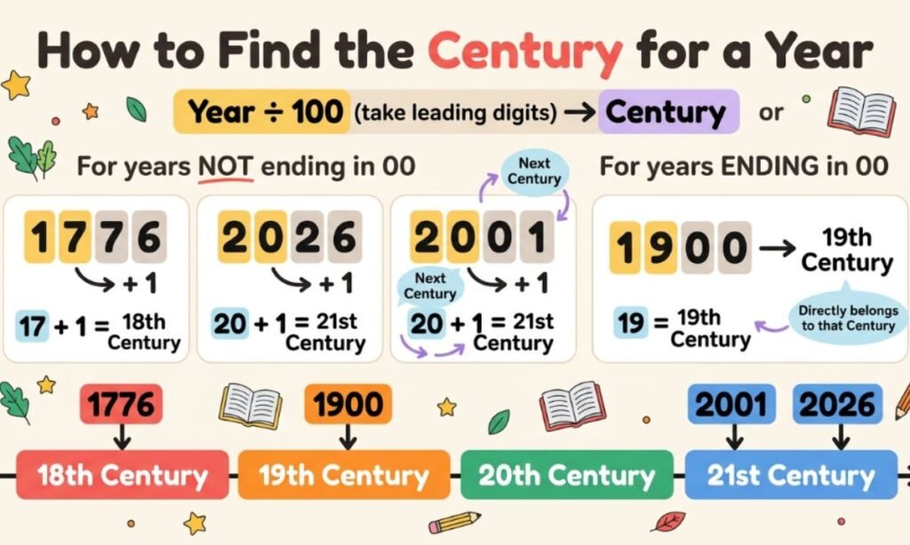Illustration showing how to find the century for different years using simple examples and a number timeline.