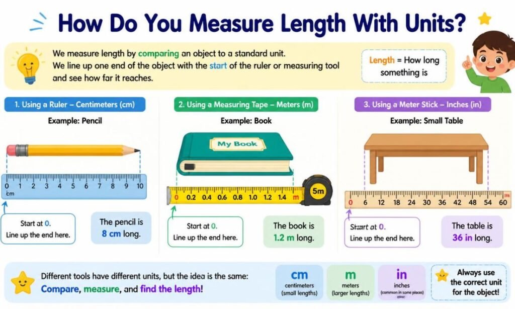 Ruler measuring a pencil and measuring tape showing length in centimeters and meters.