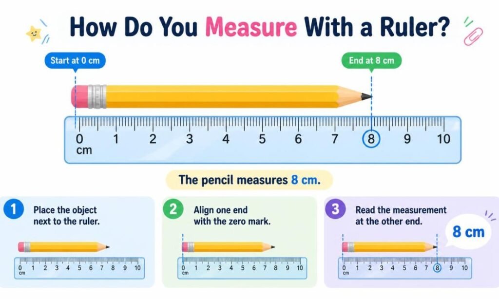 A pencil aligned with a ruler to demonstrate measuring length in centimeters.