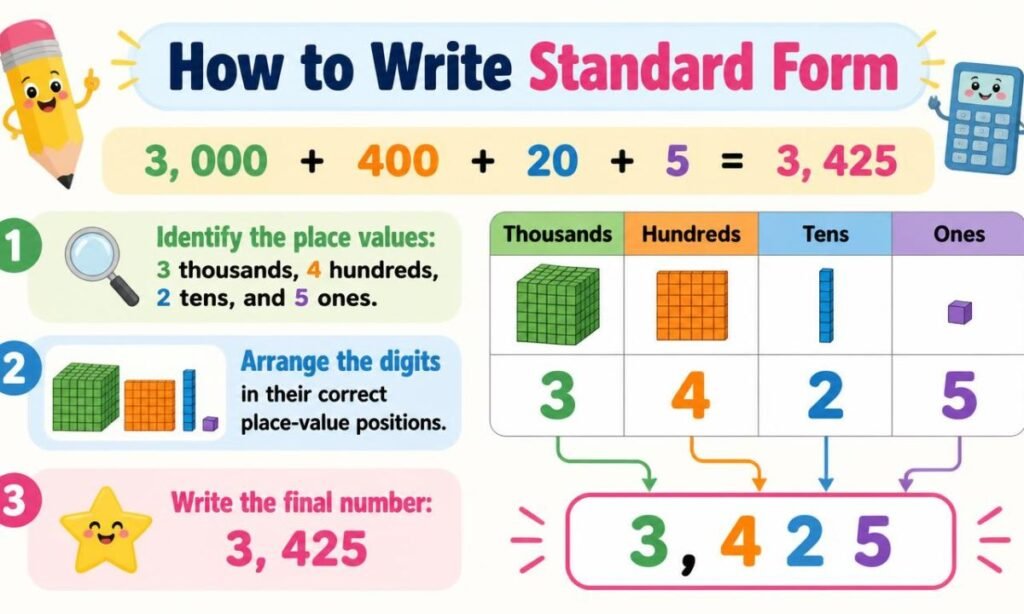 Step-by-step illustration showing how to write 3,425 in standard form using thousands, hundreds, tens, and ones.