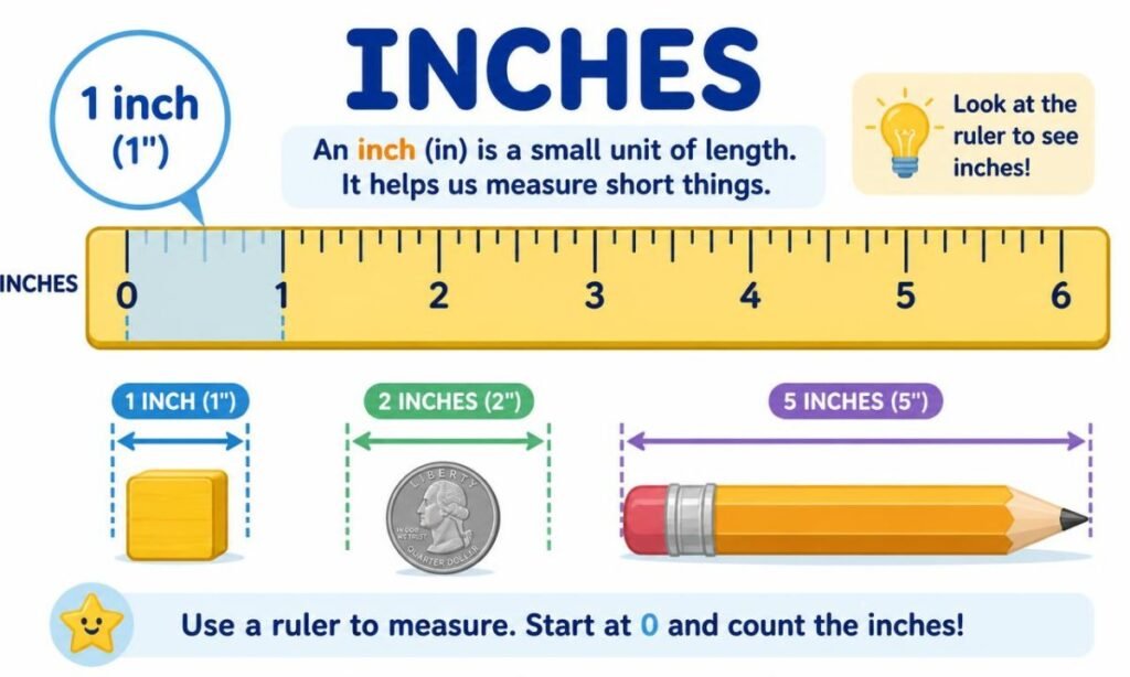Colorful ruler showing inches with examples of measuring length in inches