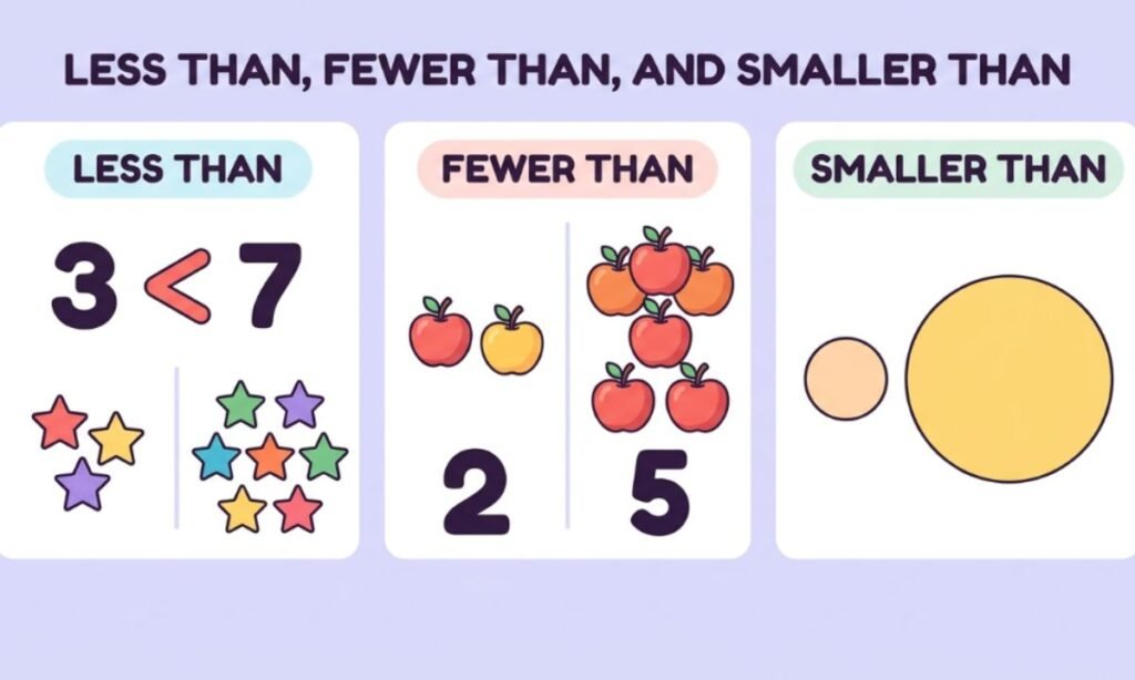 Illustration explaining less than, fewer than, and smaller than with numbers, objects, and size comparisons.