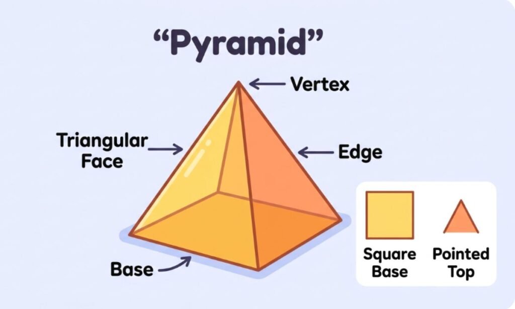 A colorful 3D pyramid showing its square base, triangular faces, edges, and vertex.