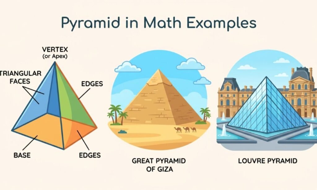 Colorful illustration showing geometric and real-life examples of pyramids in math