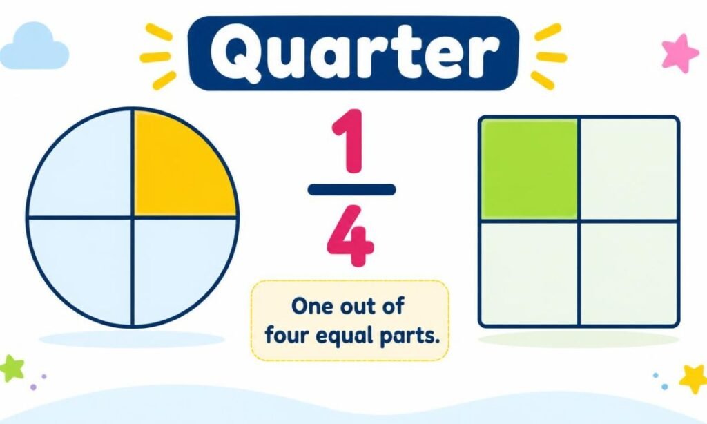 A circle and square divided into four equal parts, with one part highlighted to represent one-quarter (1/4).