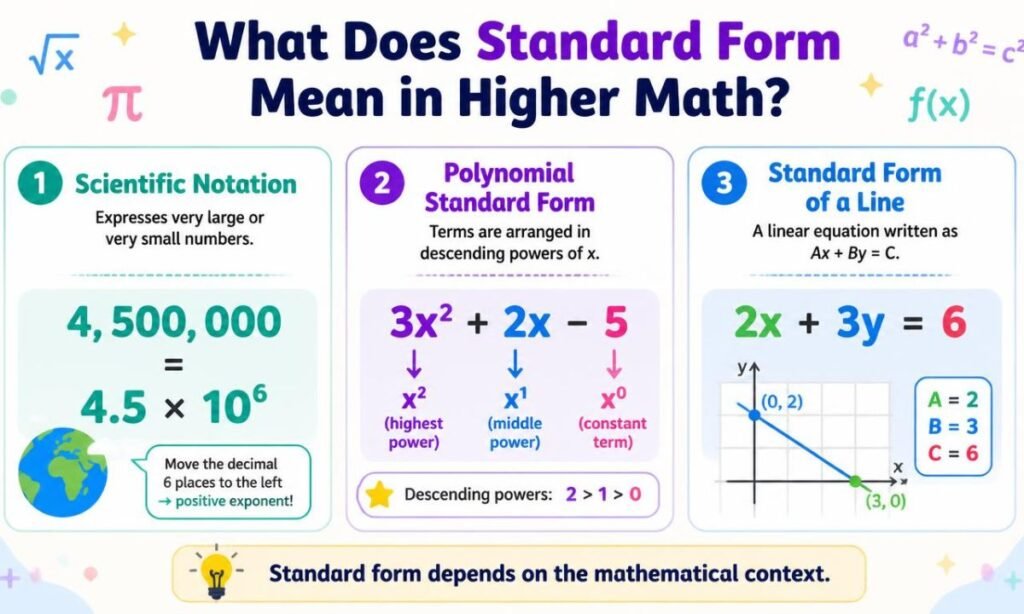 Examples of standard form in higher math, including scientific notation, a polynomial, and a linear equation.