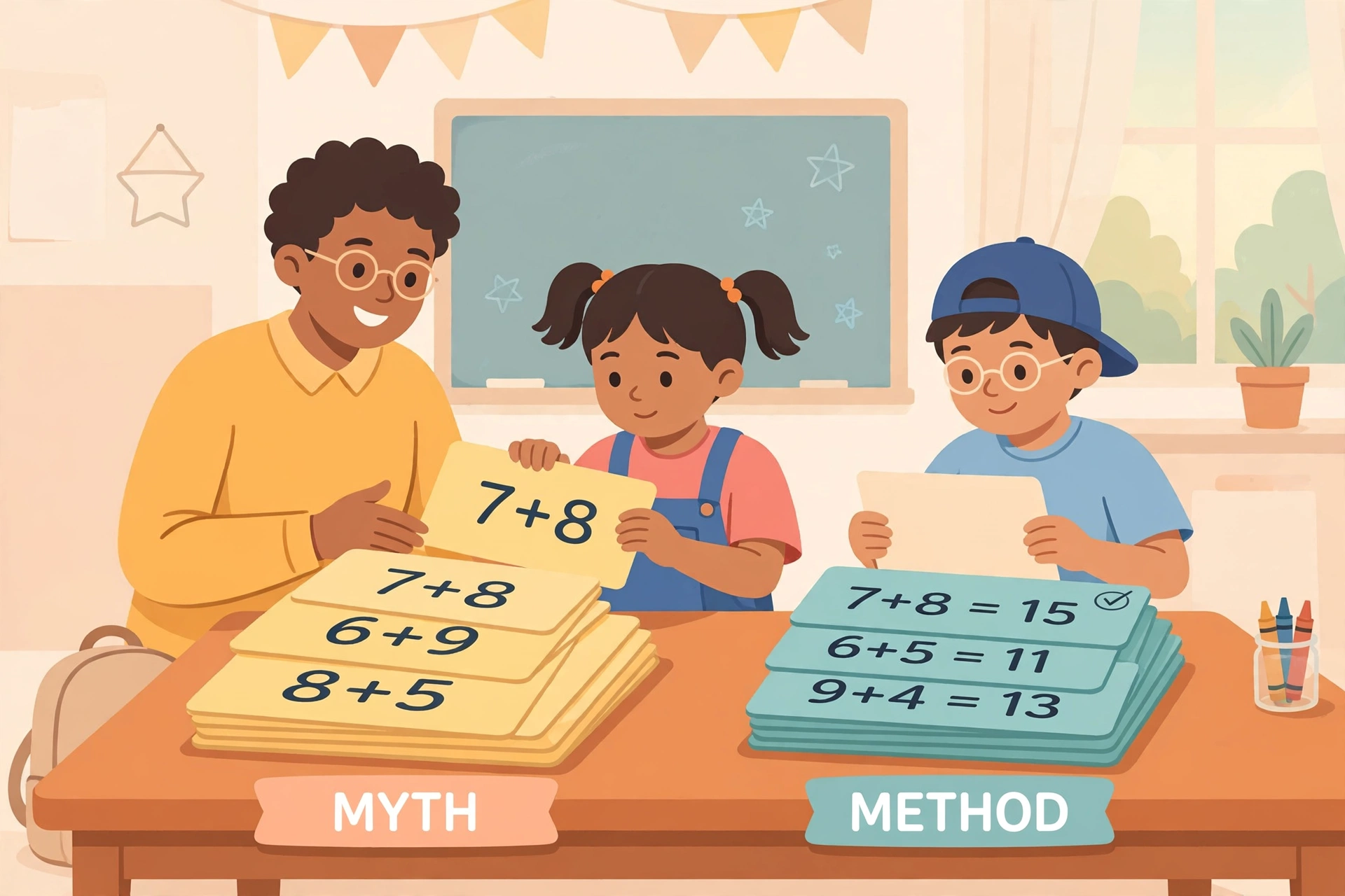 Teacher and students sorting large math fact cards into myth and method piles in a bright classroom