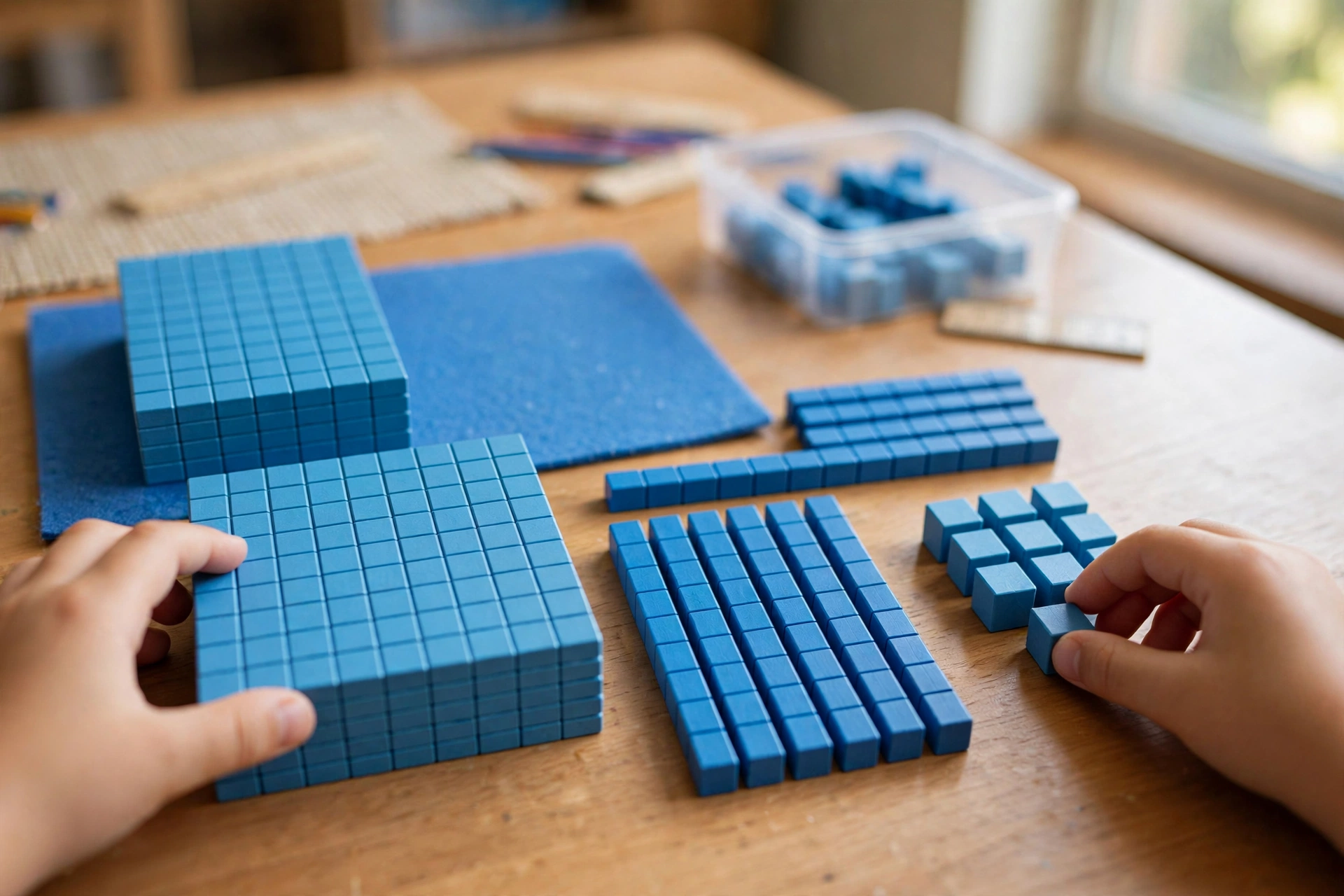 Child building the number 247 with base-ten hundreds flats, tens rods, and ones cubes