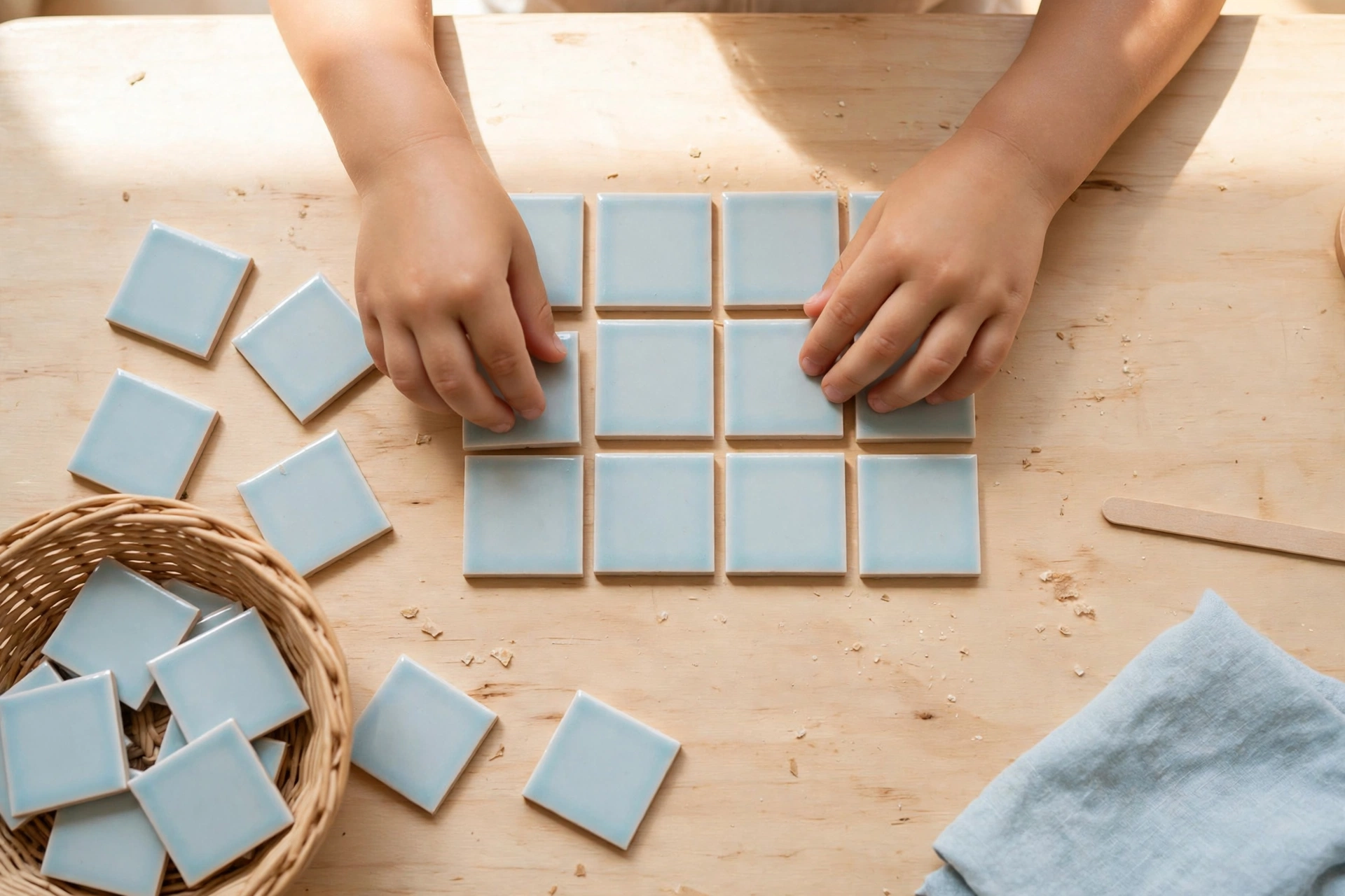 Child building different arrays with square tiles to show 3 times 4 and 4 times 3