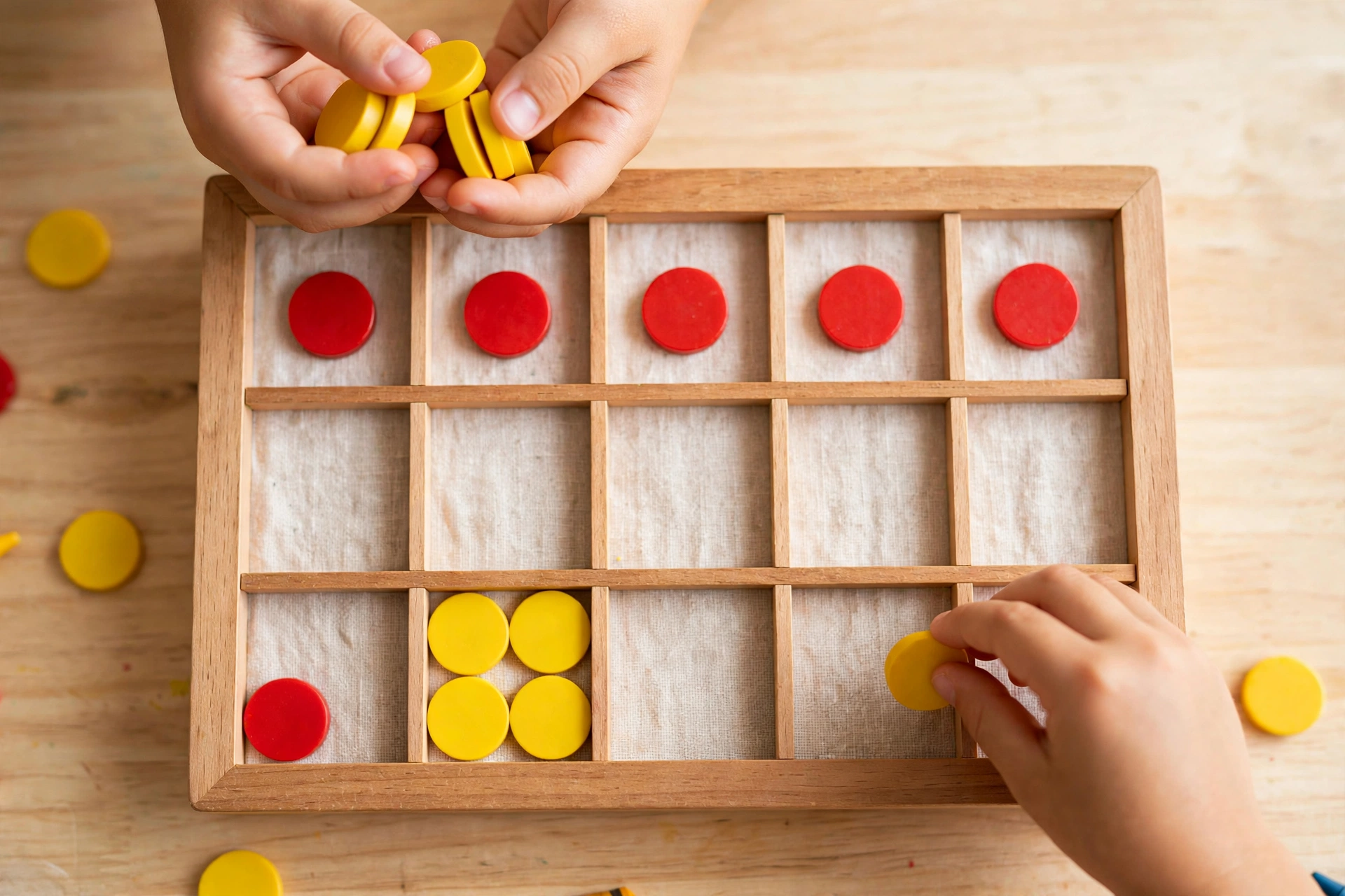 Child showing 10 as 6 plus 4 with red and yellow counters on a ten frame