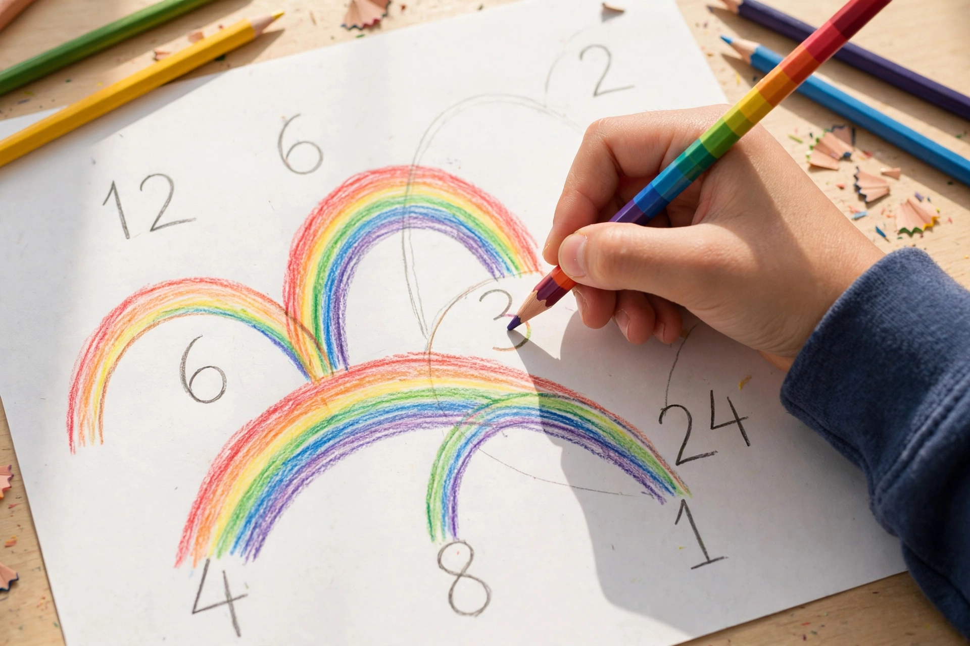 Student drawing factor rainbows for 20 and 30 to find their greatest common factor
