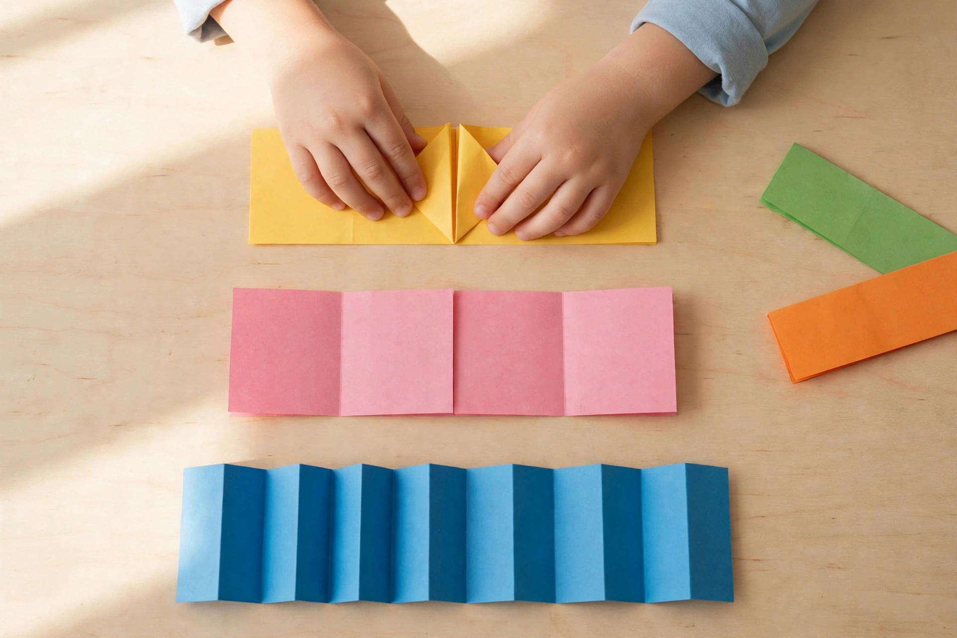 Student folding paper strips into halves, fourths, and eighths to compare fraction sizes