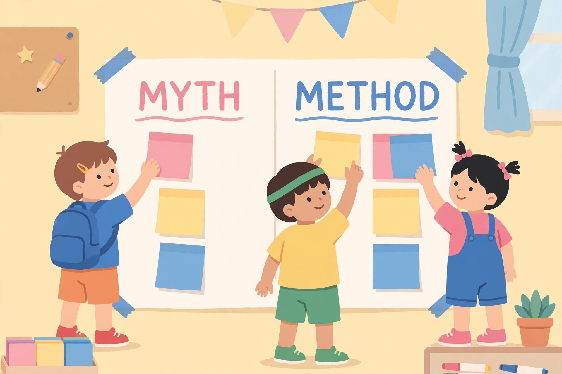 Students placing sticky notes on chart paper labeled myth and method to test a math fluency myth