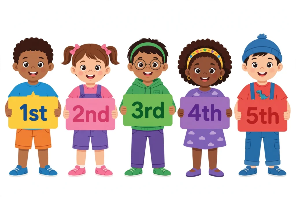 Five children standing in a line labeled 1st through 5th for an ordinal numbers classroom activity.