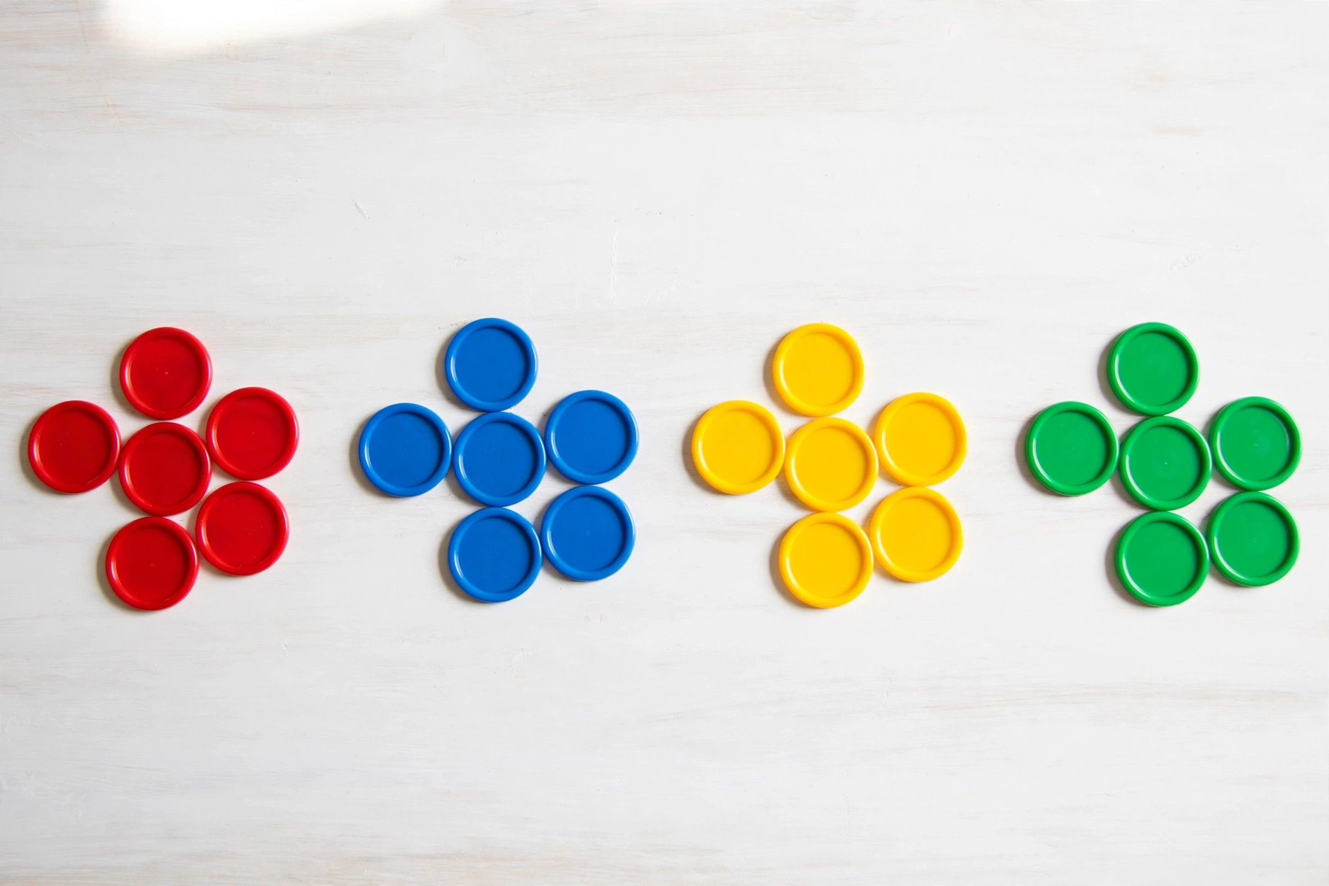 20 counters divided into 4 equal groups of 5 showing quotient 5