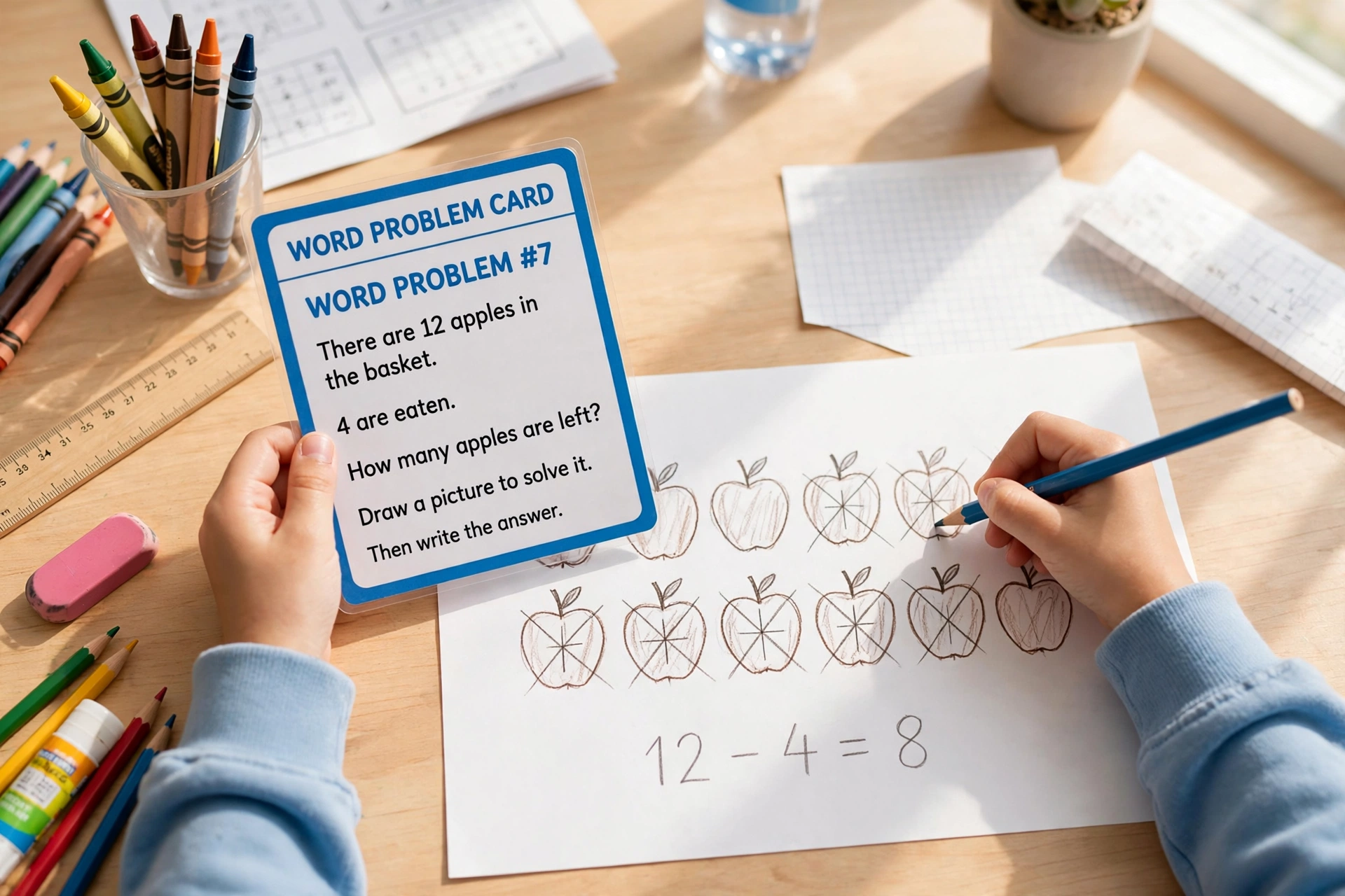 Child reading word problem card and drawing picture to solve it