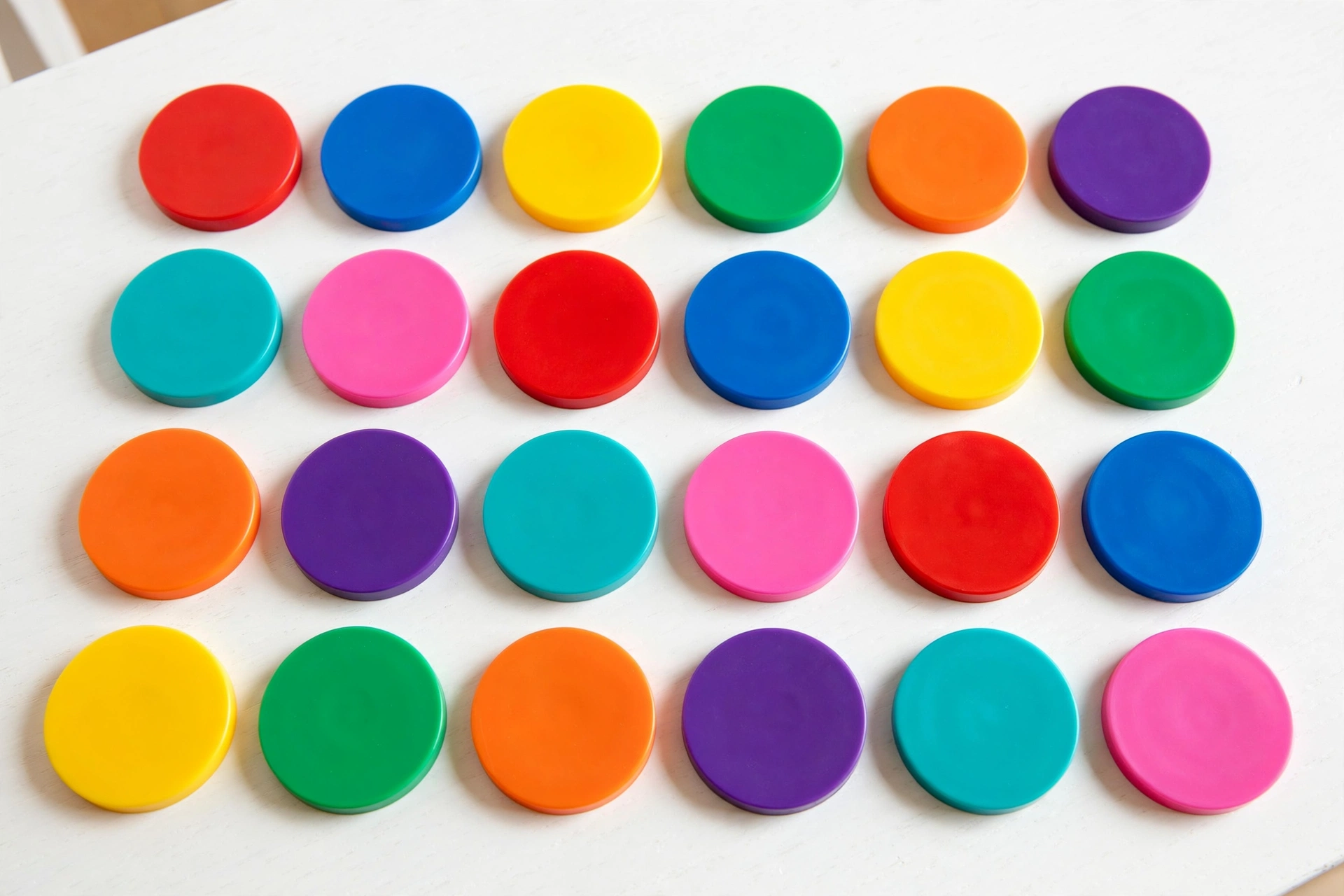 Colorful counters arranged in 4 rows of 6 forming a rectangle array on a white table