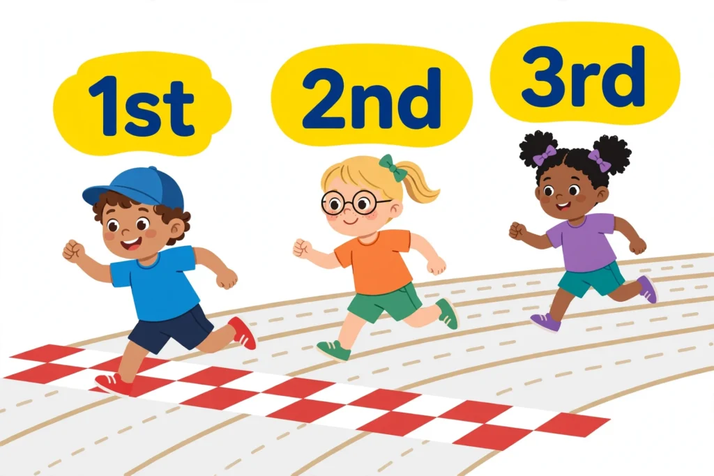 Three runners crossing a finish line labeled 1st, 2nd, and 3rd, showing ordinal numbers as positions.