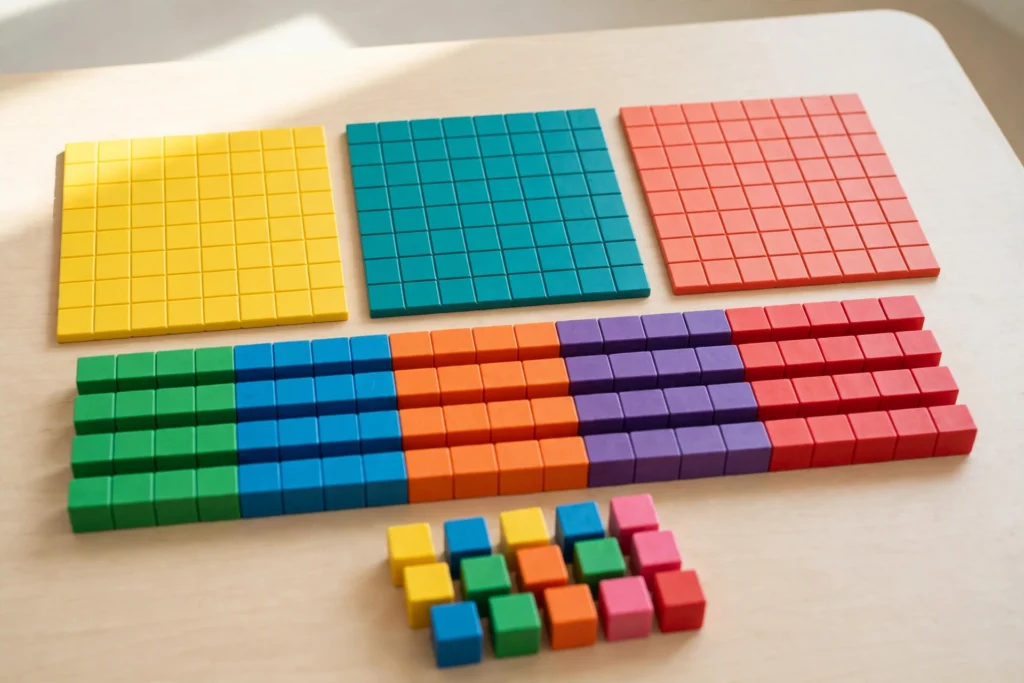 Colorful base-ten blocks showing ones, tens, and hundreds arranged on a classroom table