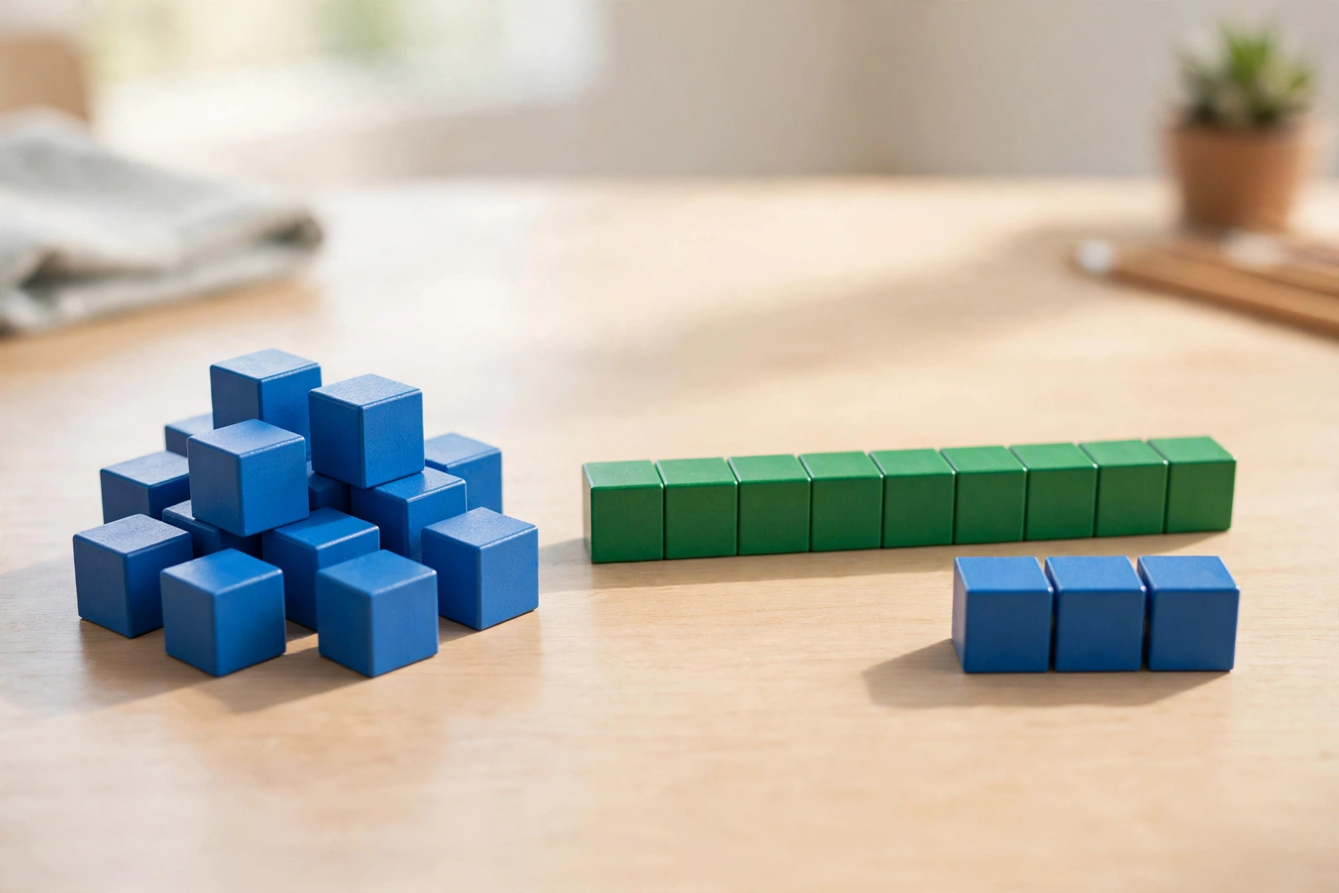 Base-ten blocks showing 13 ones being traded for 1 ten and 3 ones